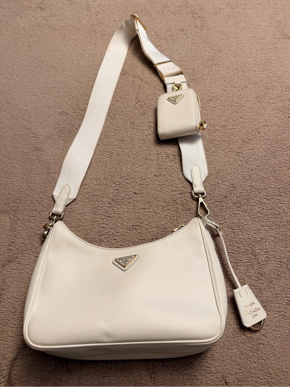 Prada Re-Edition 2005 Cream/White Saffiano Leather Shoulder Bag with Strap/Pouch